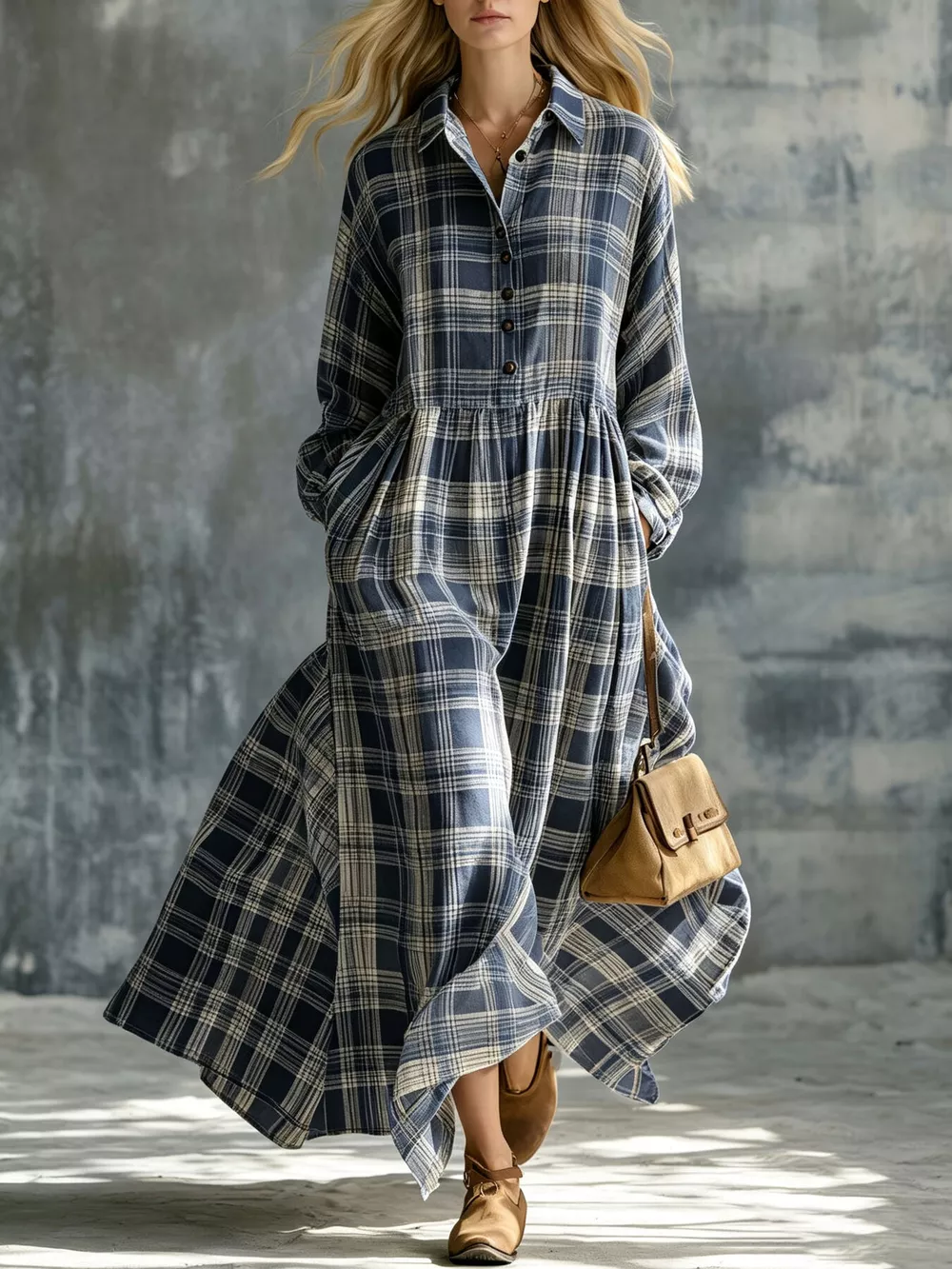 Plaid Button-Down Maxi Shirt Dress, image 9