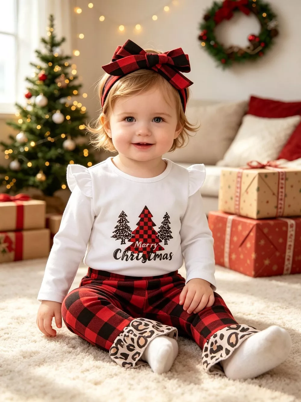 Children's Christmas Tree Graphic Top and Plaid Ruffle Pants Set with Headband, image 2