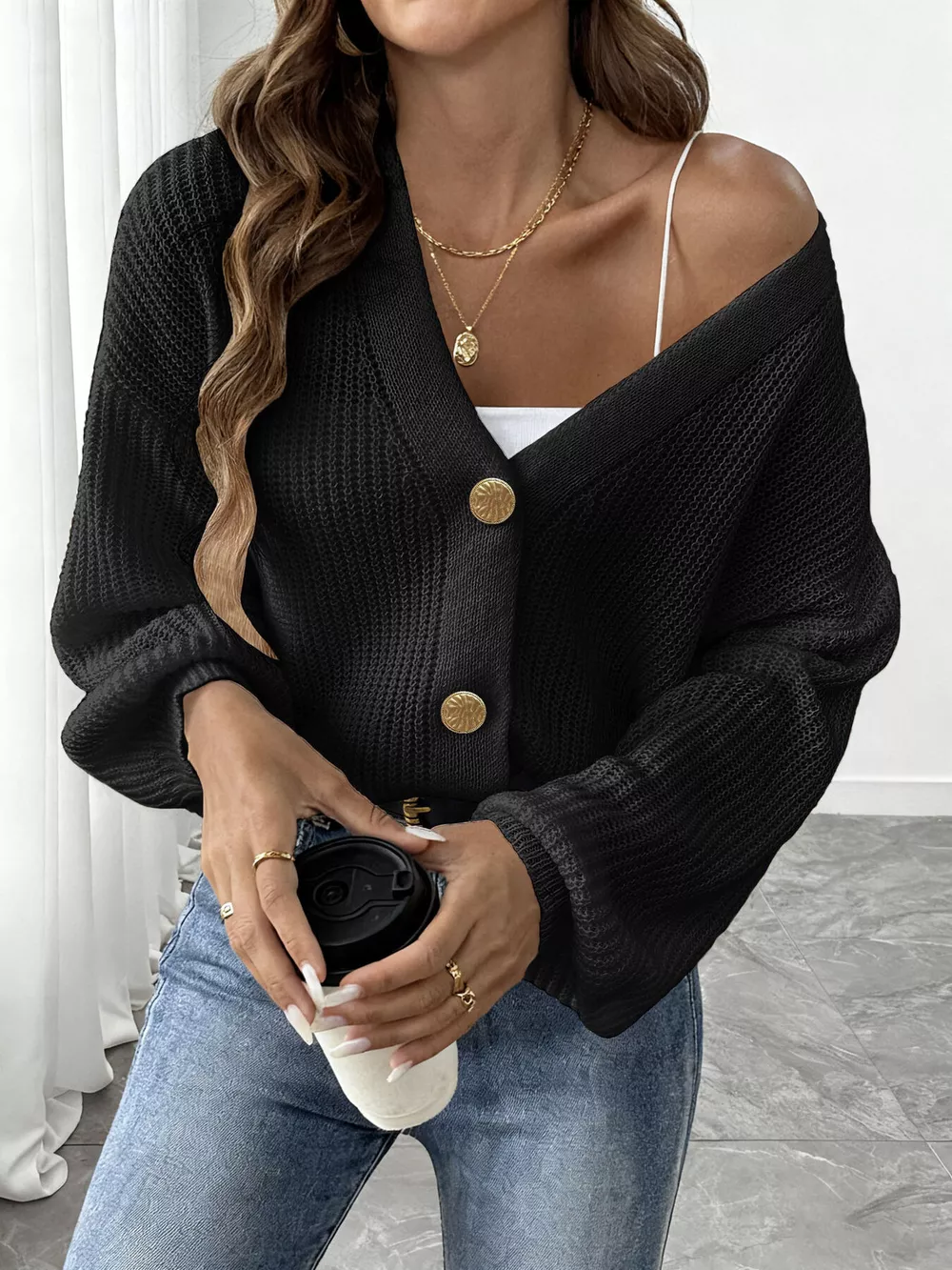 Elegant V-Neck Button-Down Ribbed Knit Cardigan, image 3