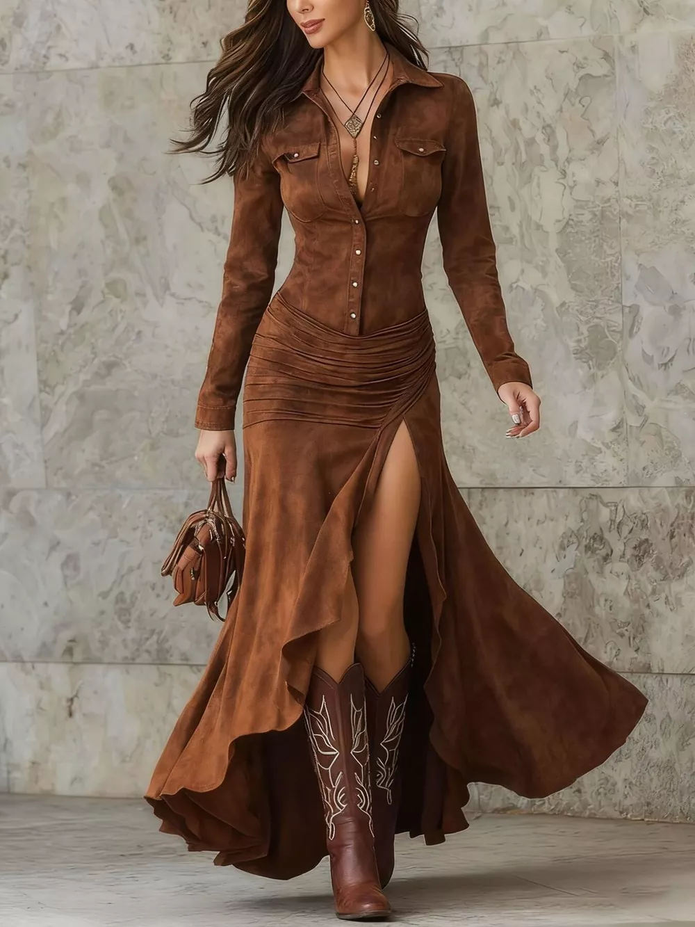 Full Size High-Low Long Sleeve Maxi Dress Plus Size, image 5