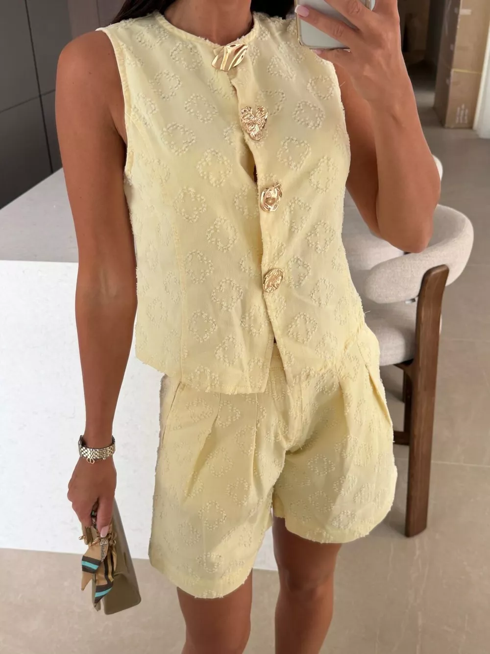 Embossed Vest and Shorts Denim Set with Gold-Tone Buttons, image 8