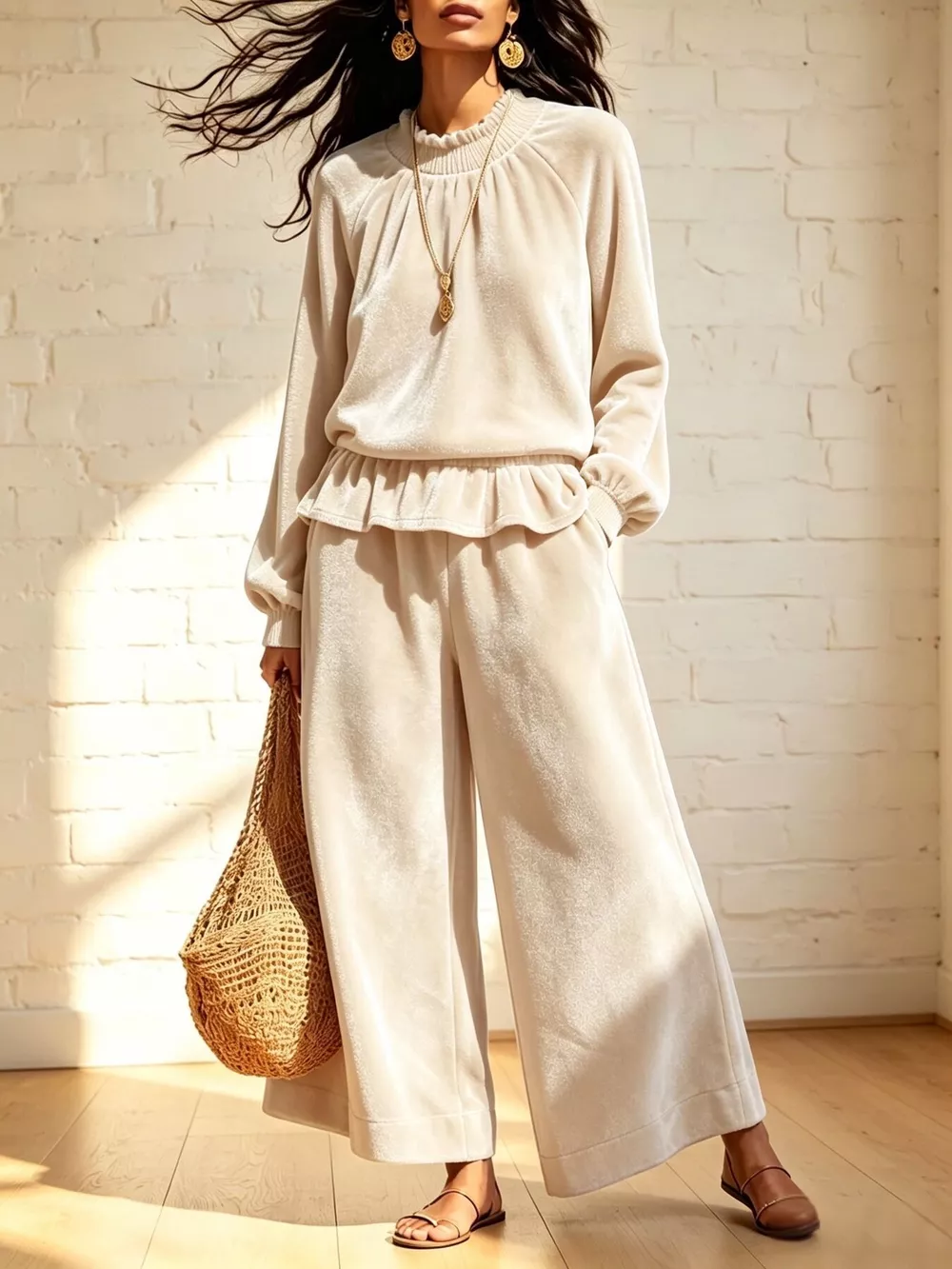 Velvet Peplum Top and Wide-Leg Pants Set, image 2