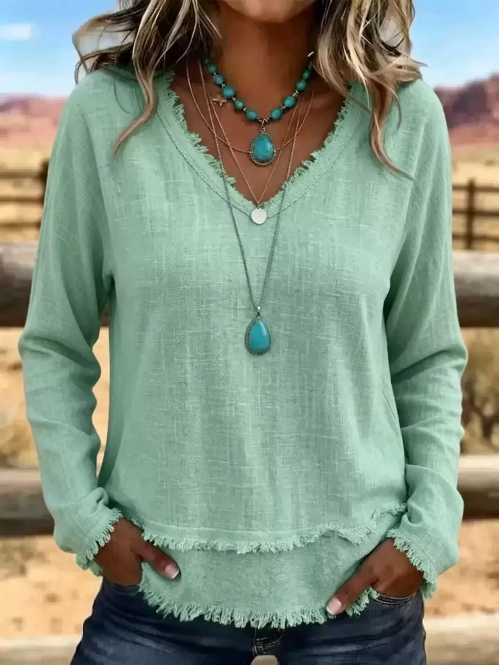 V-Neck Long Sleeve Blouse with Frayed Hem Detail, image 16