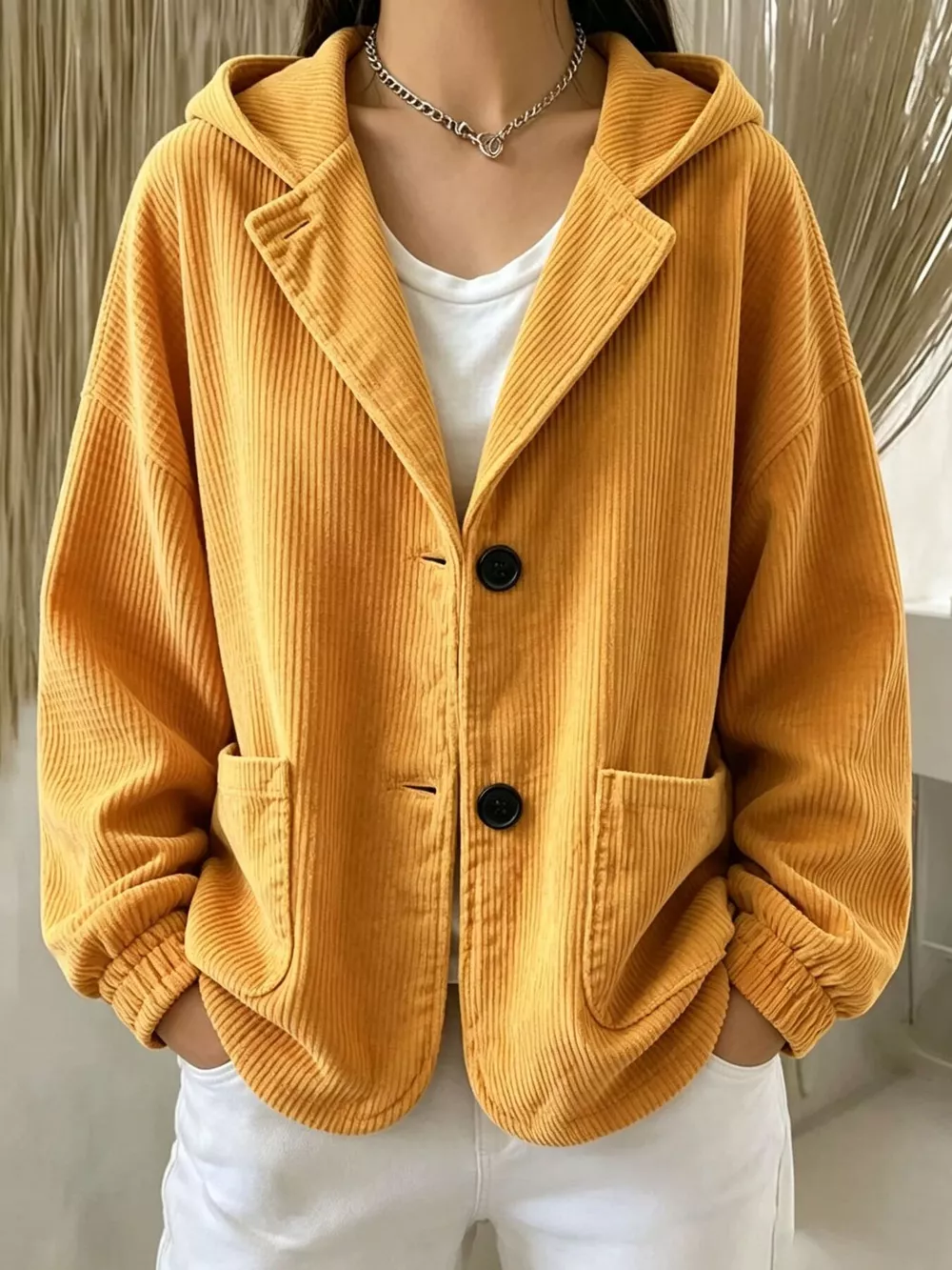 Full Size Corduroy Button Up Hooded Jacket Plus Size