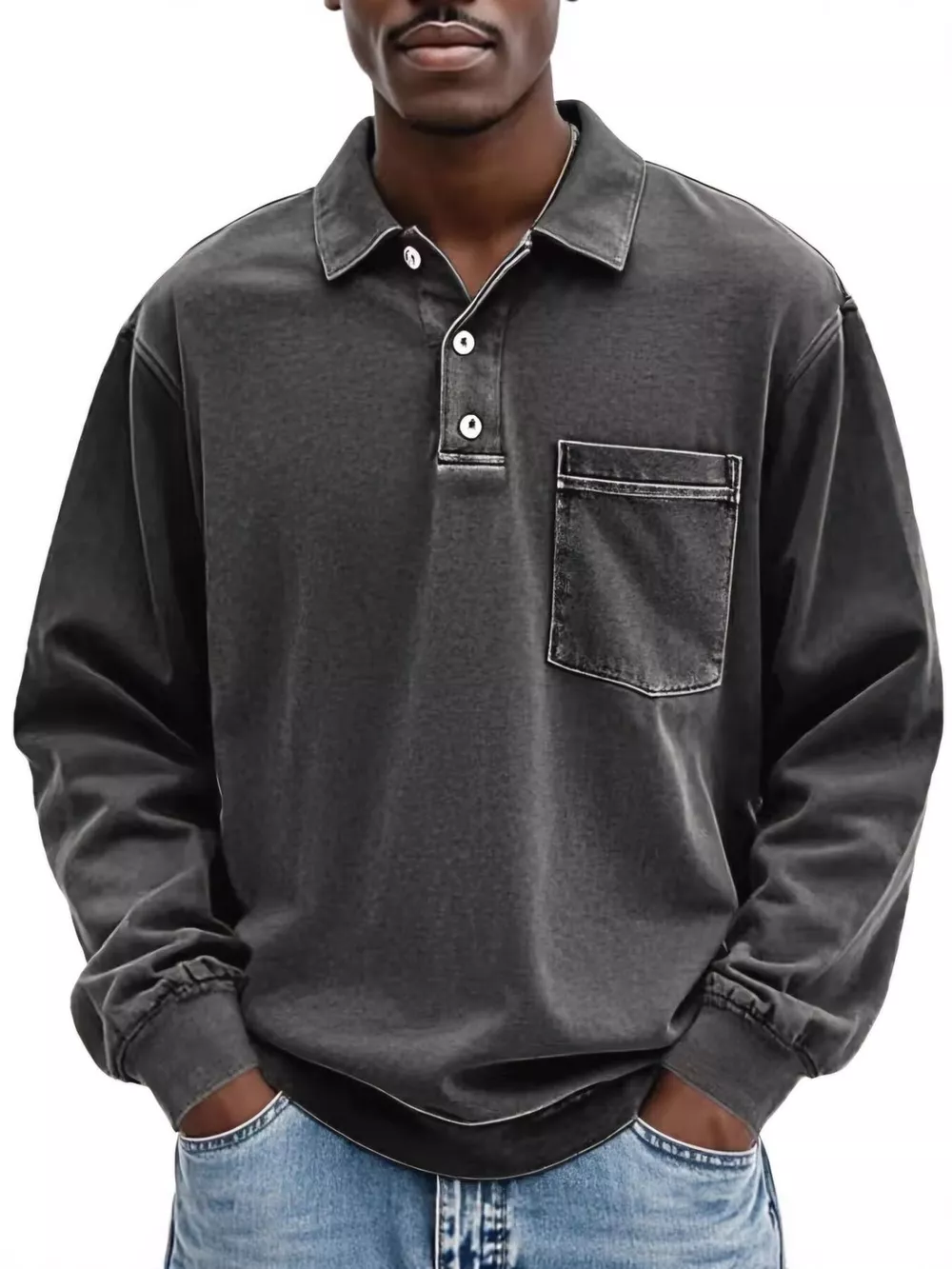 Men's Full Size Vintage Button Detail Long Sleeve Polo Plus Size, image 3