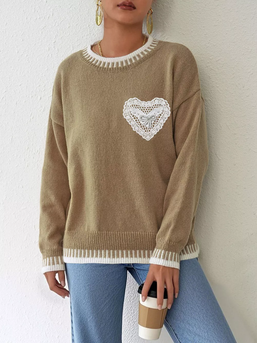Lace Heart Contrast Trim Sweater, image 8