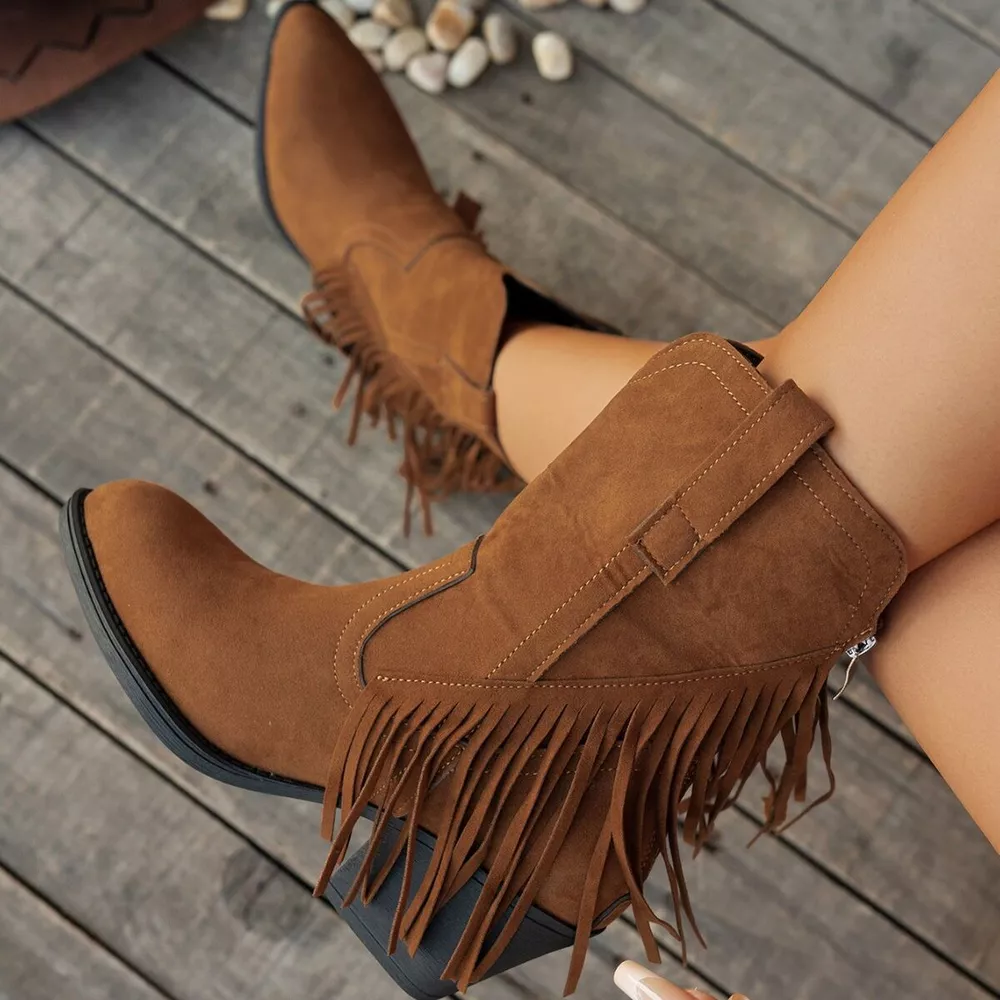 Fringe Block Heel Ankle Boots, image 3