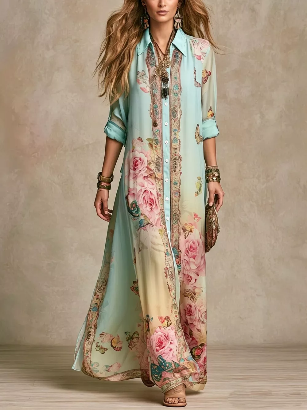 Full Size Floral Print Button-Down Maxi Shirt Dress Plus Size, image 3