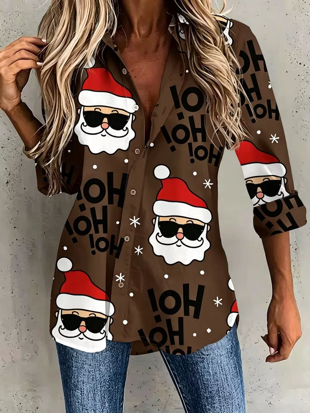 Full Size Christmas Santa Claus Print Button-Down Shirt Plus Size, image 7