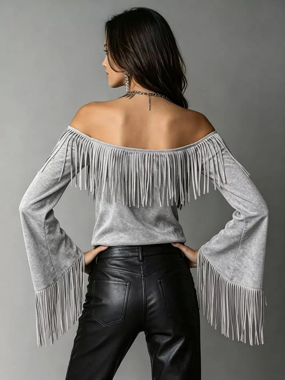 Full Size Fringed Off-Shoulder Flare Sleeve Top Plus Size, image 6