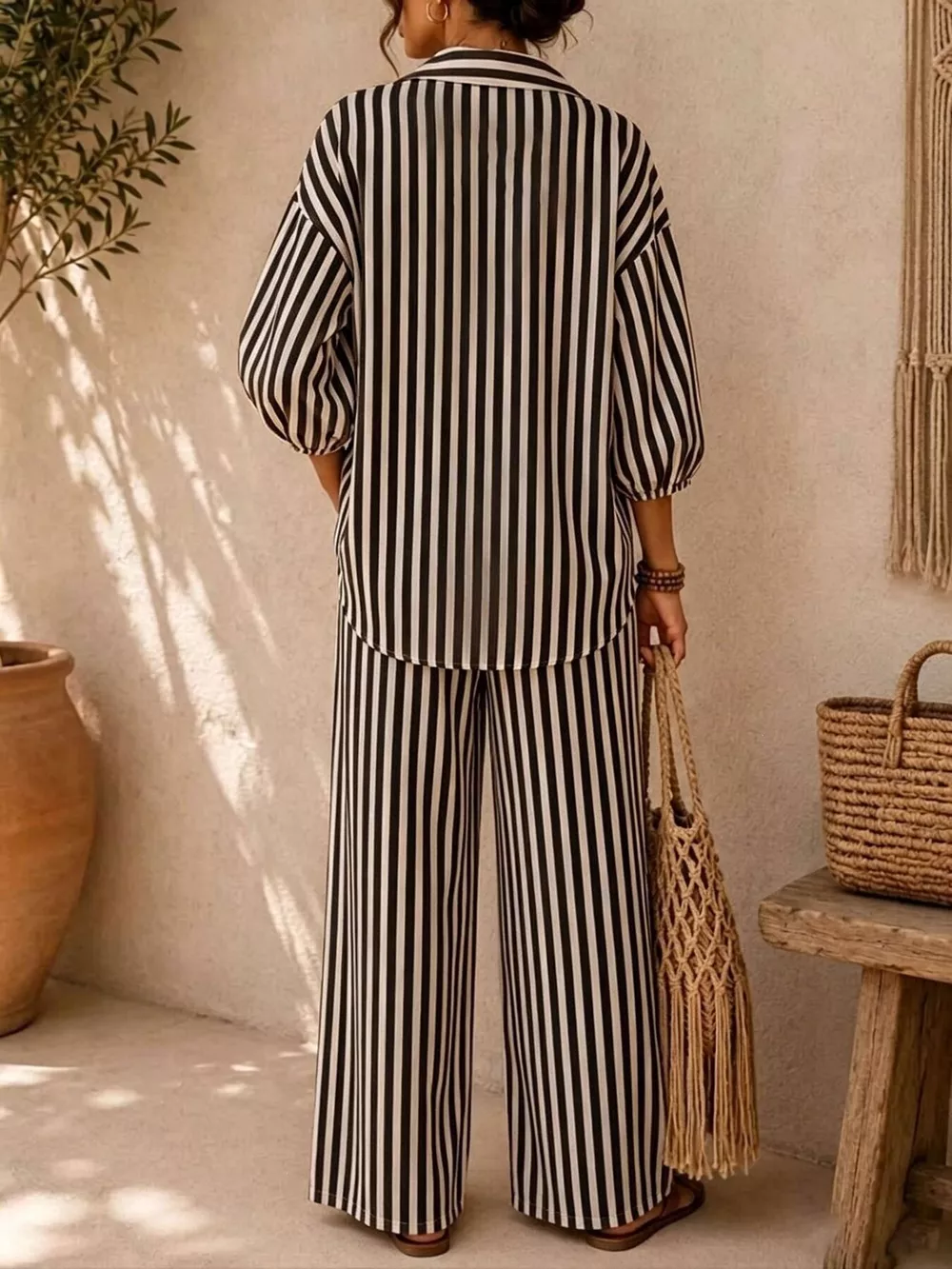Full Size Striped Relaxed Fit Shirt and Wide-Leg Pants Set Plus Size, image 5