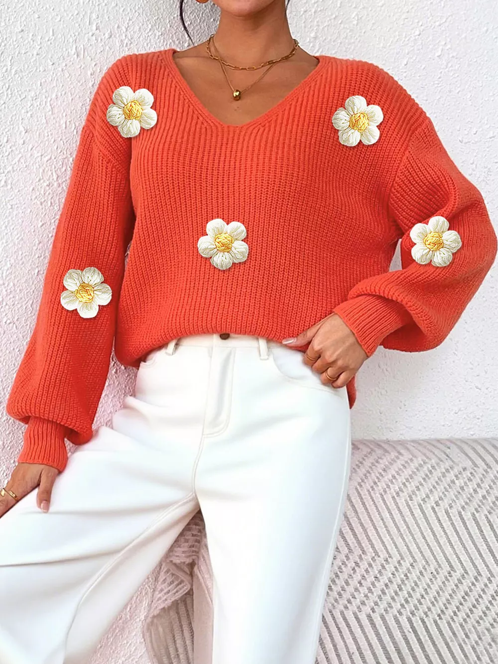 Floral Applique V-Neck Sweater, image 2