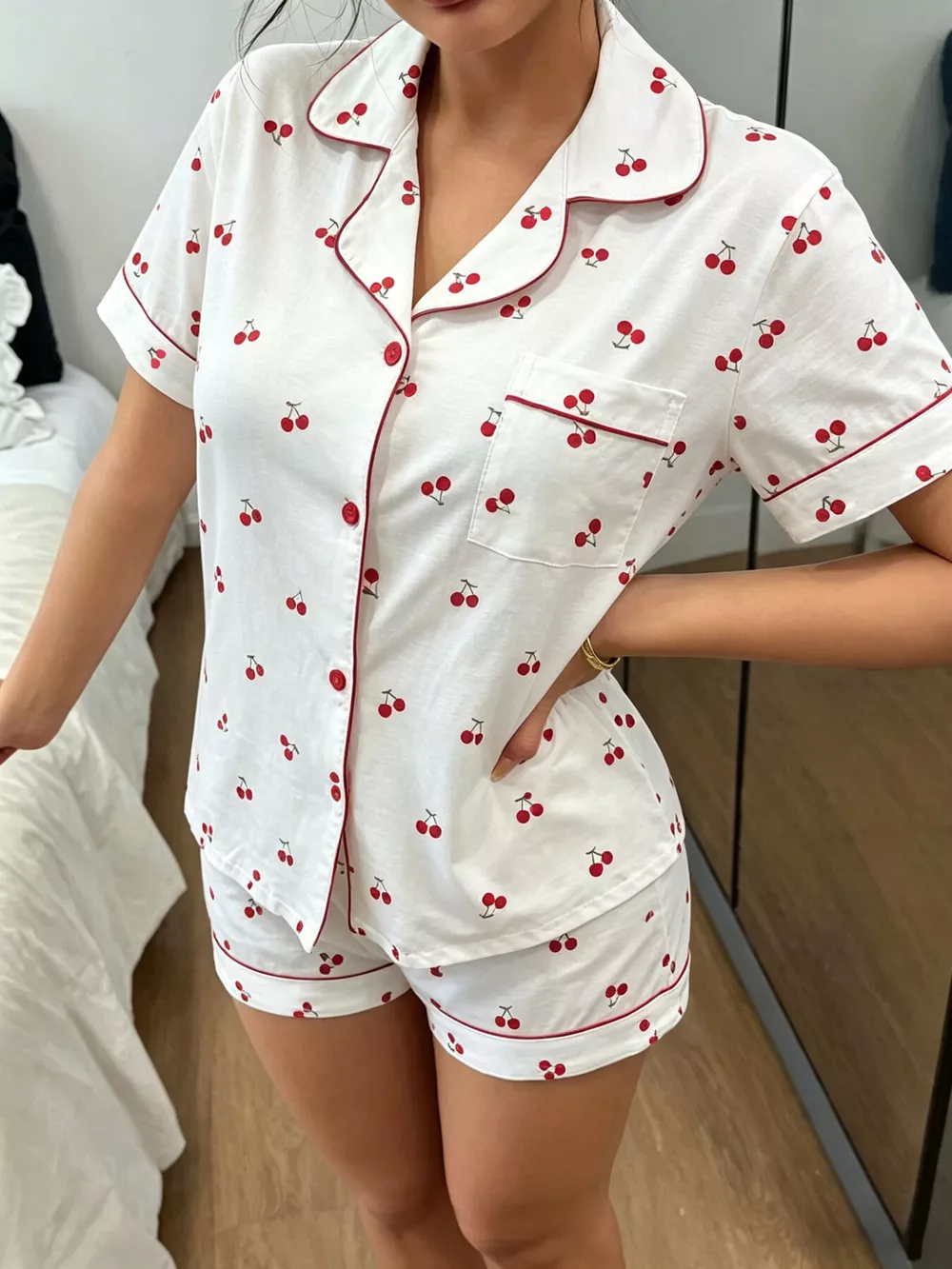 Heart Print Button-Down Short Sleeve Top and Shorts Lounge Set, image 10