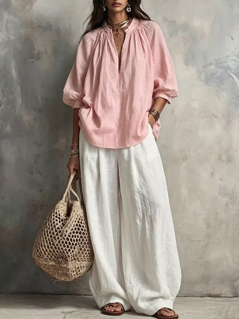 Notched Blouse and Wide-Leg Pants Set, image 13