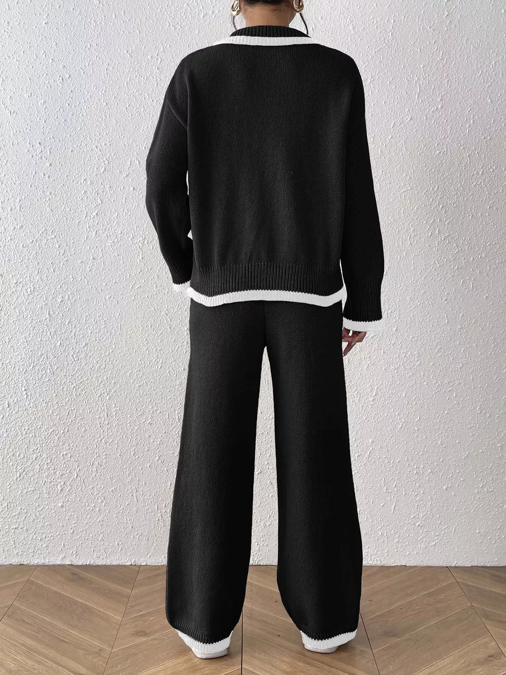 Contrast Trim Polo Collar Top and Pants Sweater Set, image 12