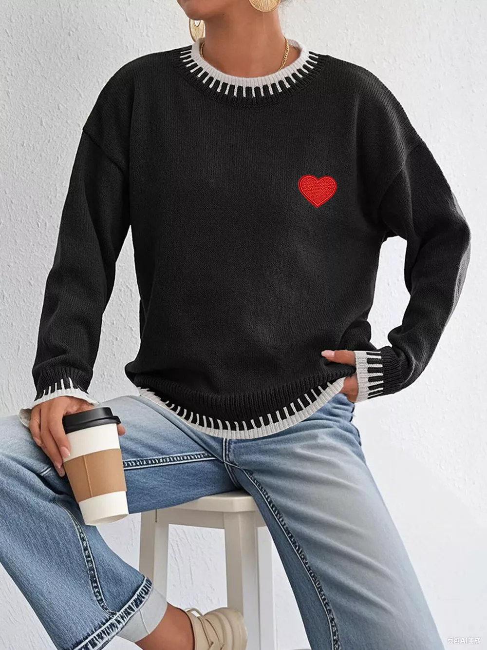 Heart-Embroidered Contrast Trim Sweater, image 6
