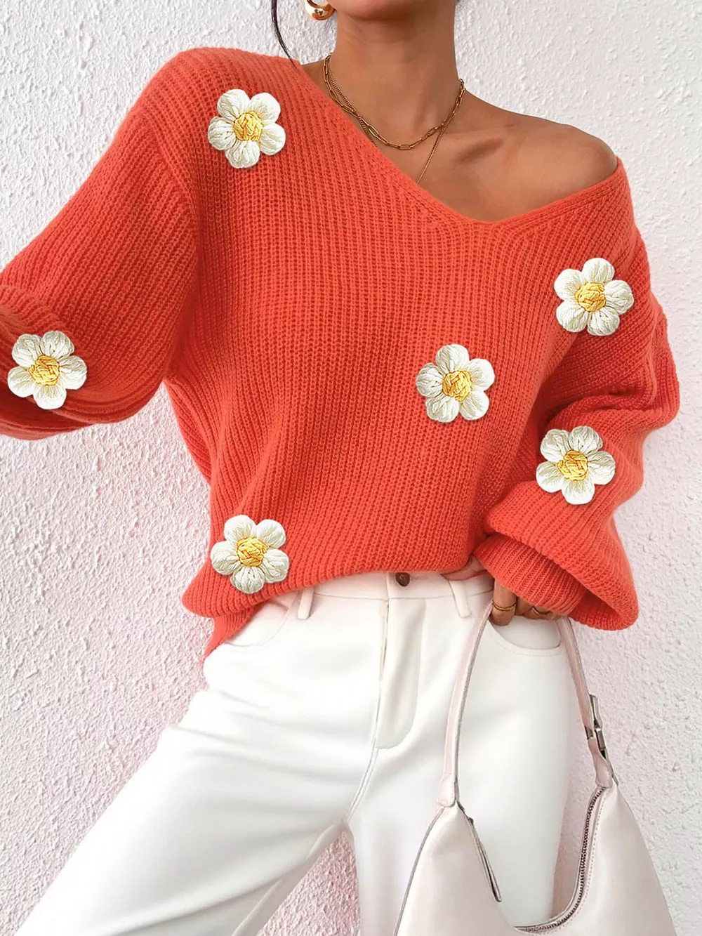 Floral Applique V-Neck Sweater, image 6