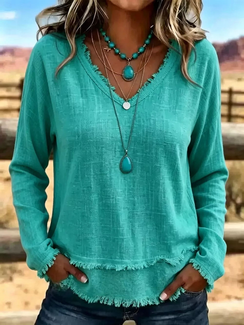 V-Neck Long Sleeve Blouse with Frayed Hem Detail, image 14