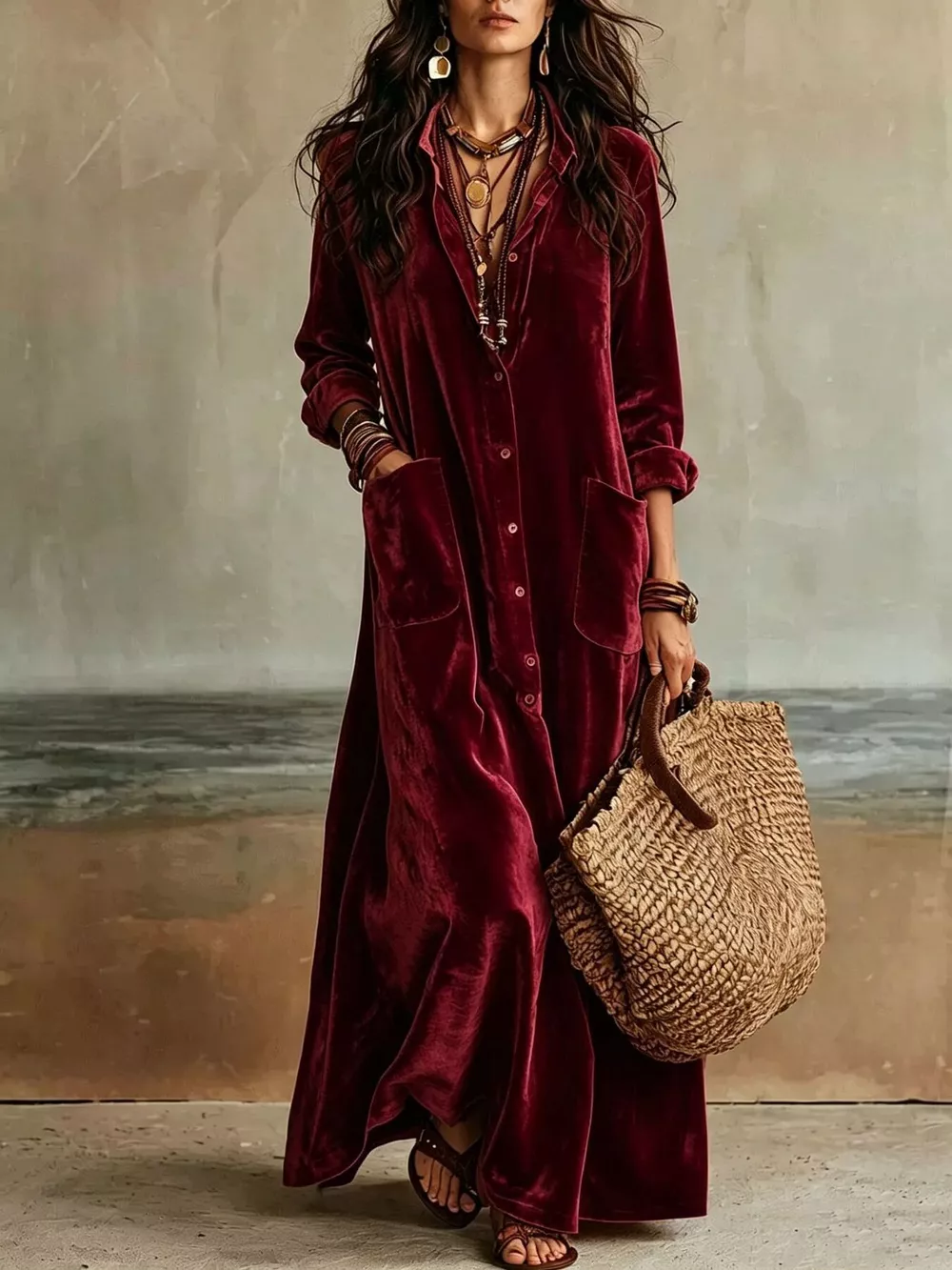Bohemian Velvet Button-Down Maxi Dress, image 10