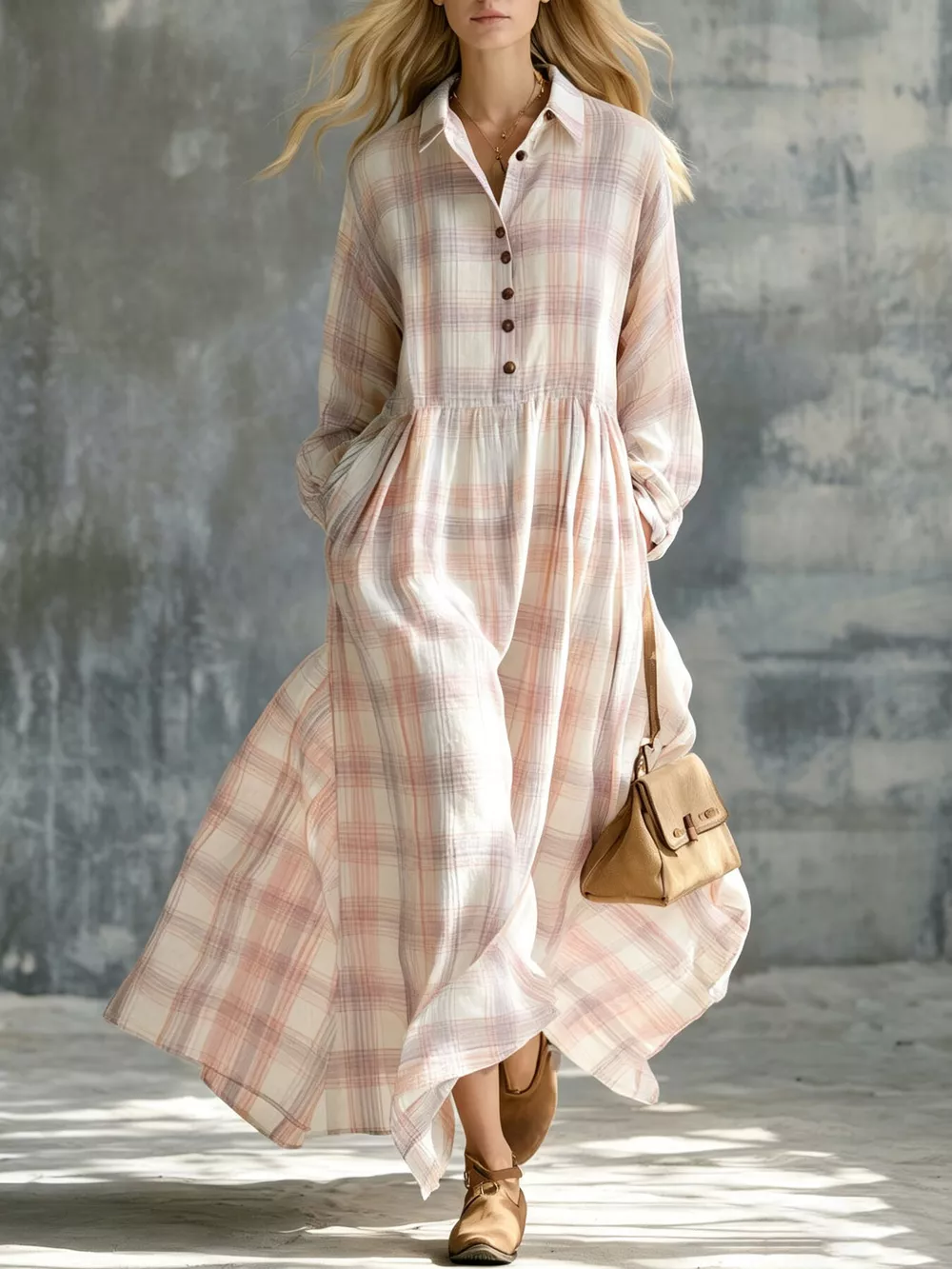 Plaid Button-Down Maxi Shirt Dress, image 11