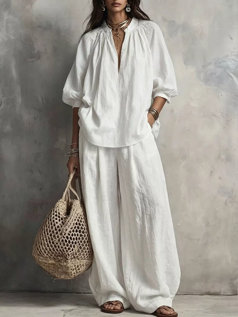 Notched Blouse and Wide-Leg Pants Set, image 7