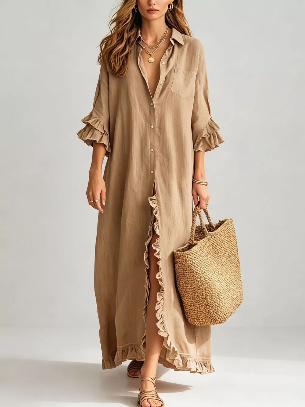 Full Size Ruffled Trim Button-Down Maxi Shirt Dress Plus Size, image 2