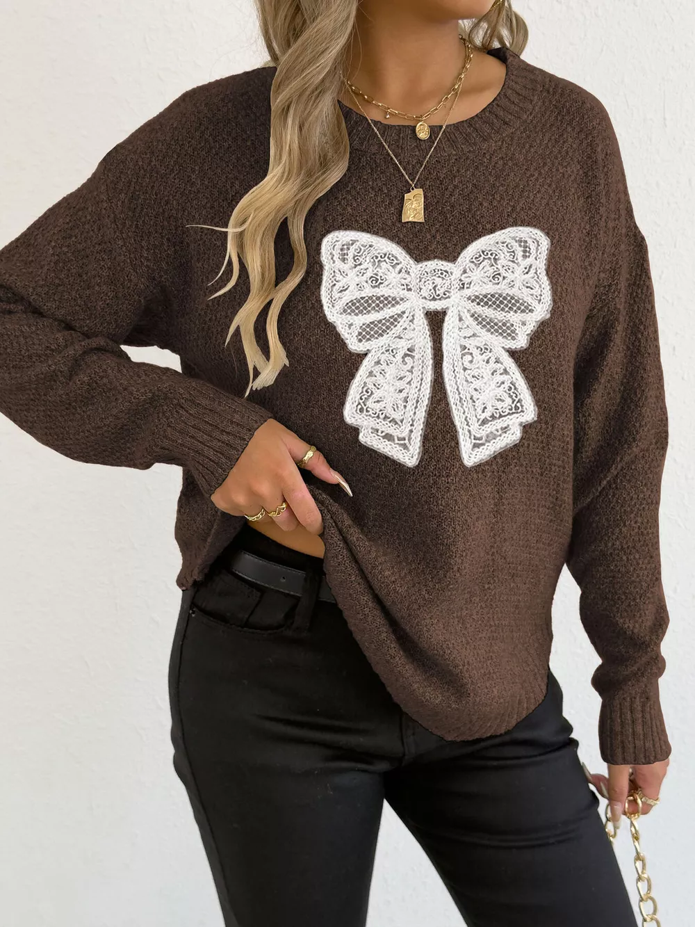 Lace Bow Embroidered Round Neck Sweater, image 8