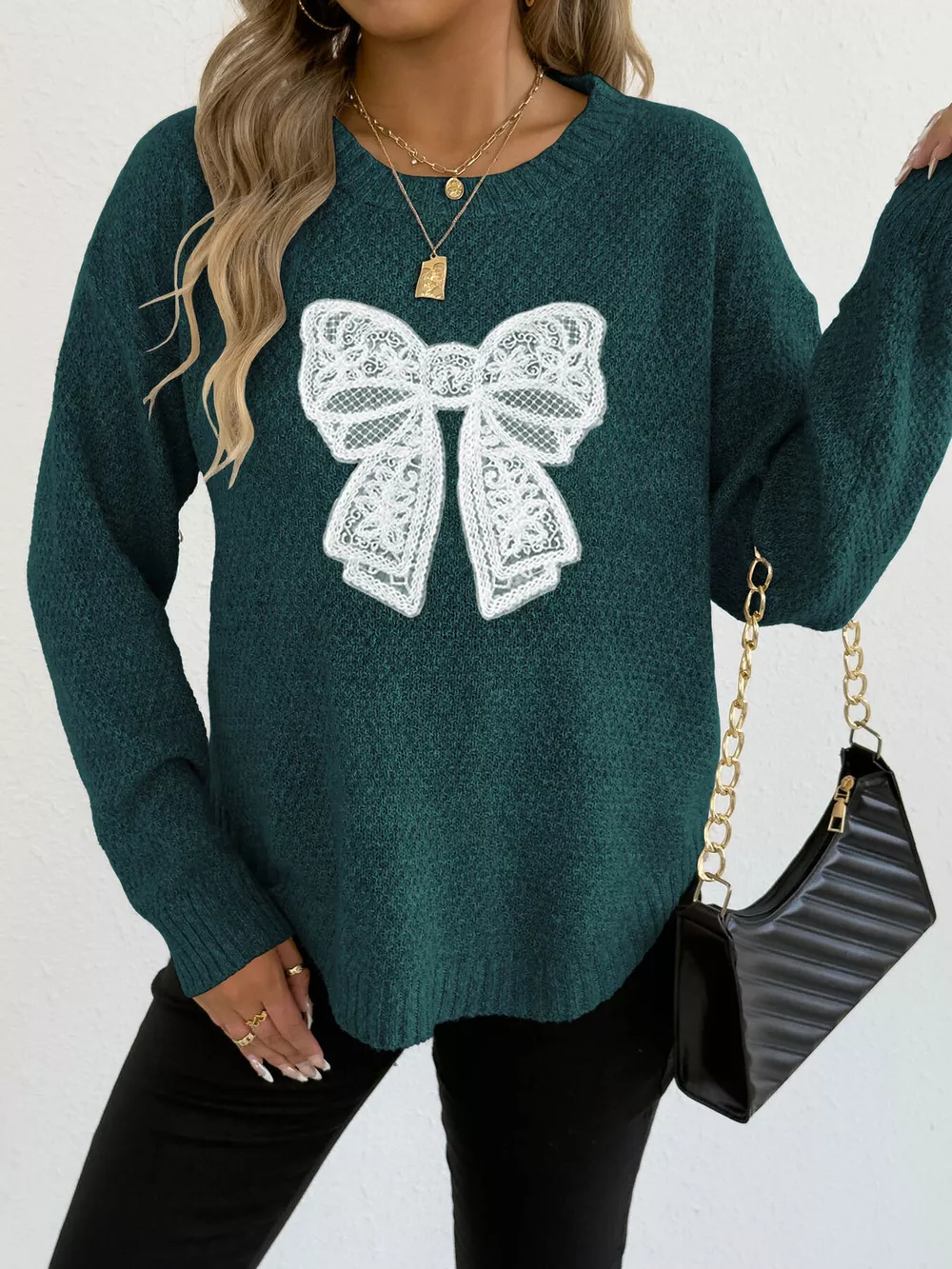 Lace Bow Embroidered Round Neck Sweater, image 9