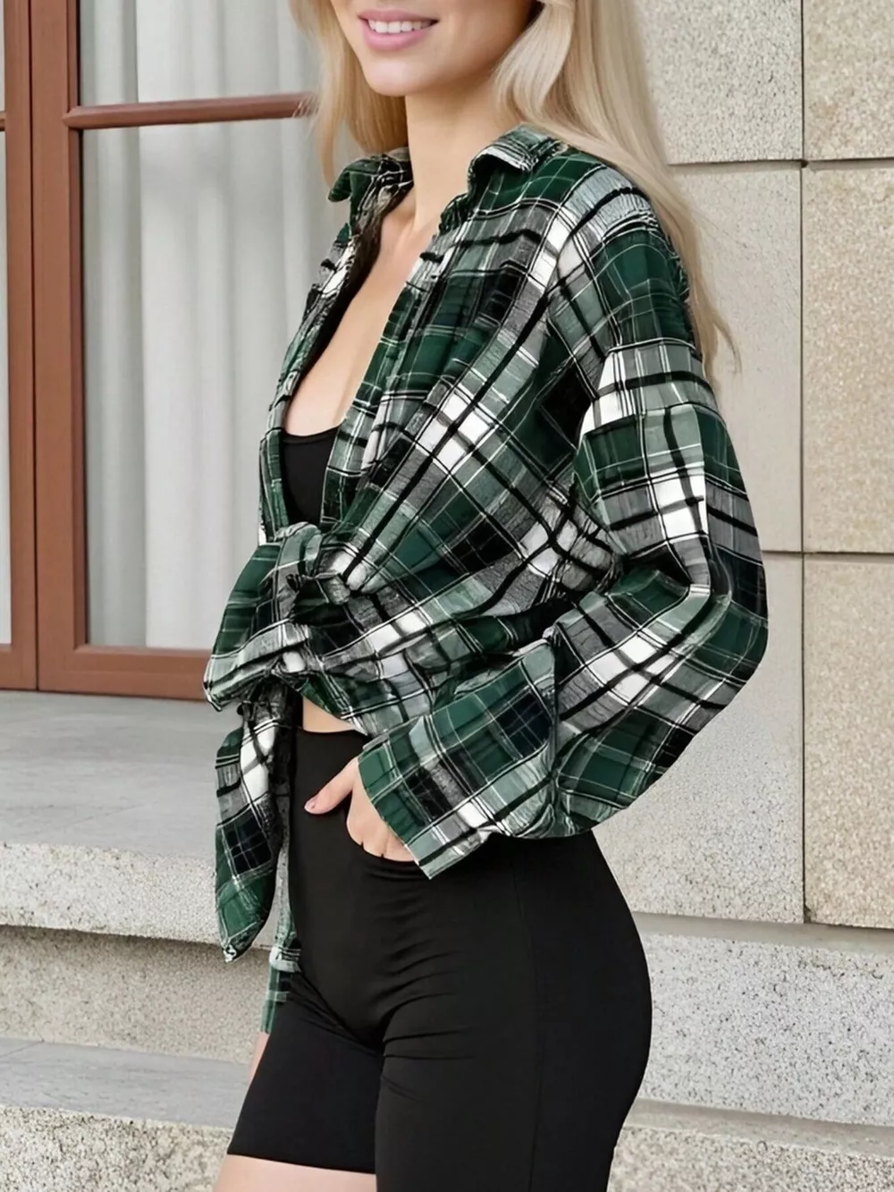 Plaid Collared Neck Long Sleeve Shirt, image 2