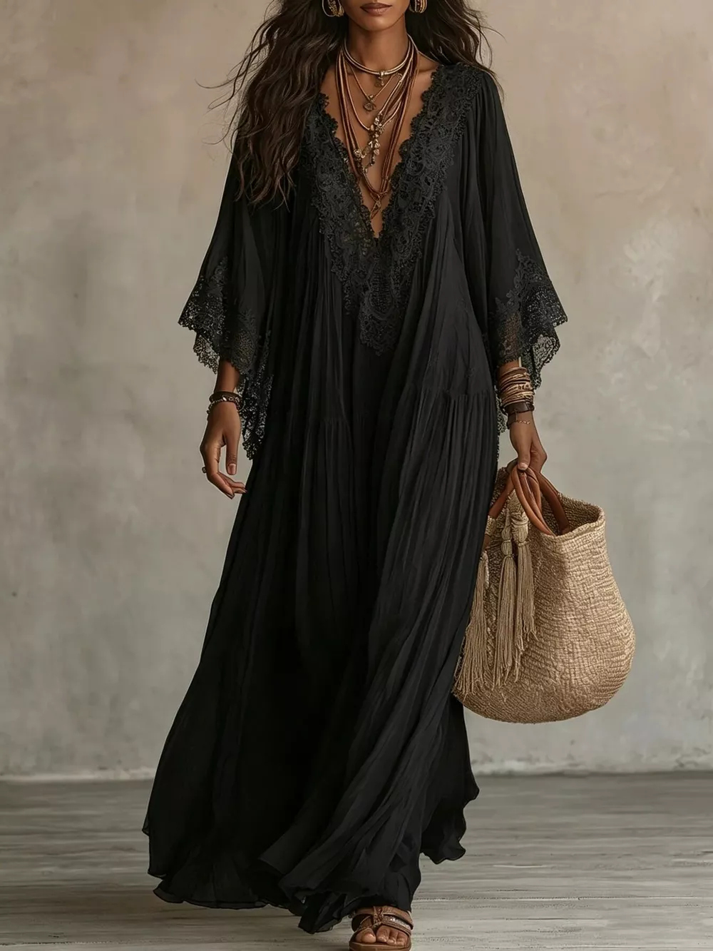 Lace Trim V-Neck Maxi Dress