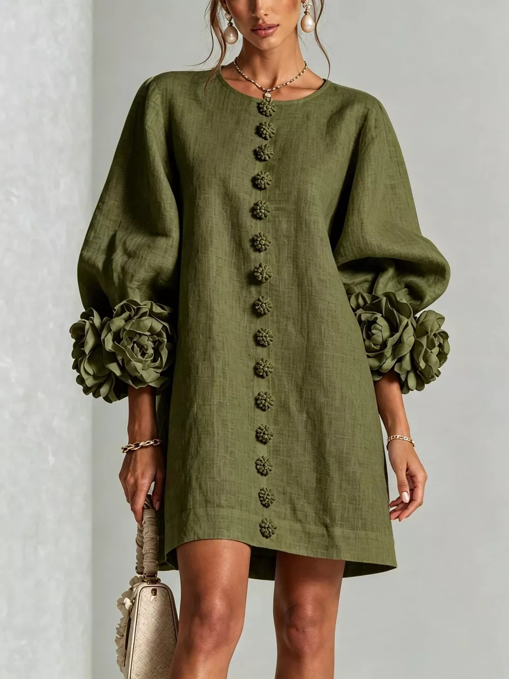 Full Size 3D Floral Sleeve Round Neck Dress Plus Size, image 5