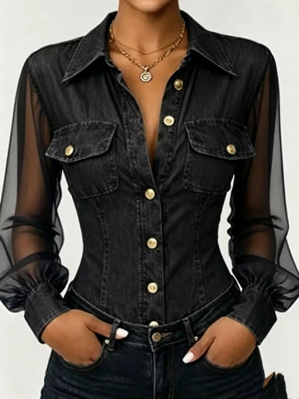 Full Size Slim-Fit Sheer Mesh Long Sleeves Shirt Plus Size, image 3