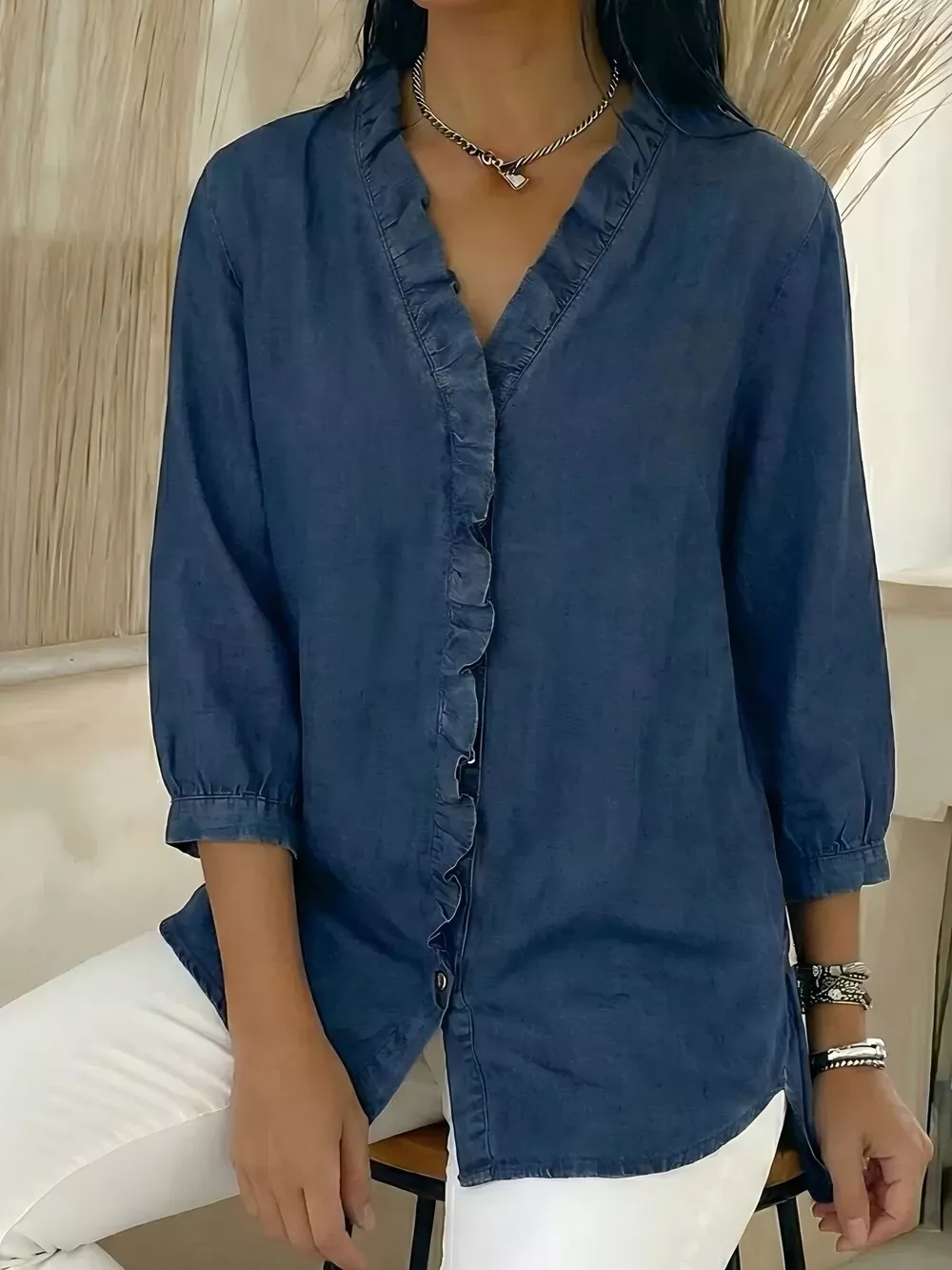 Full Size V-Neck Ruffled Button Down Shirt Plus Size, image 15