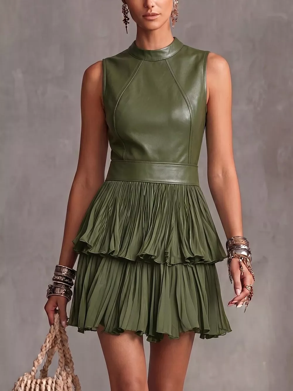Sleeveless Faux Leather Layered Pleated Mini Dress, image 2