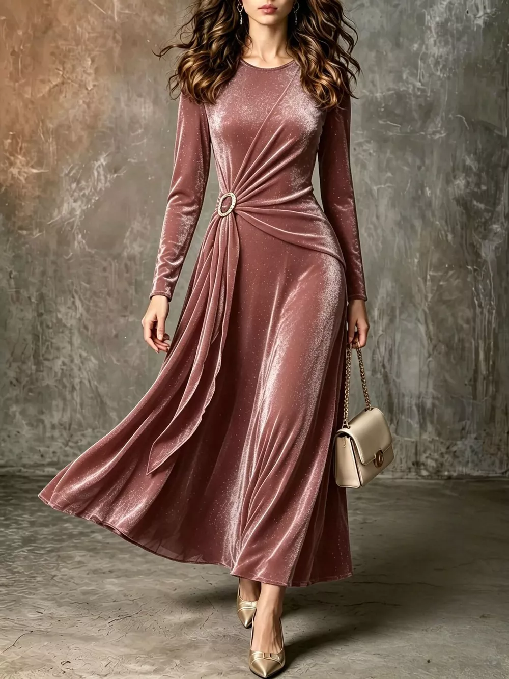 Full Size Velvet Long-Sleeve Maxi Dress with Ring Detail Plus Size, image 2
