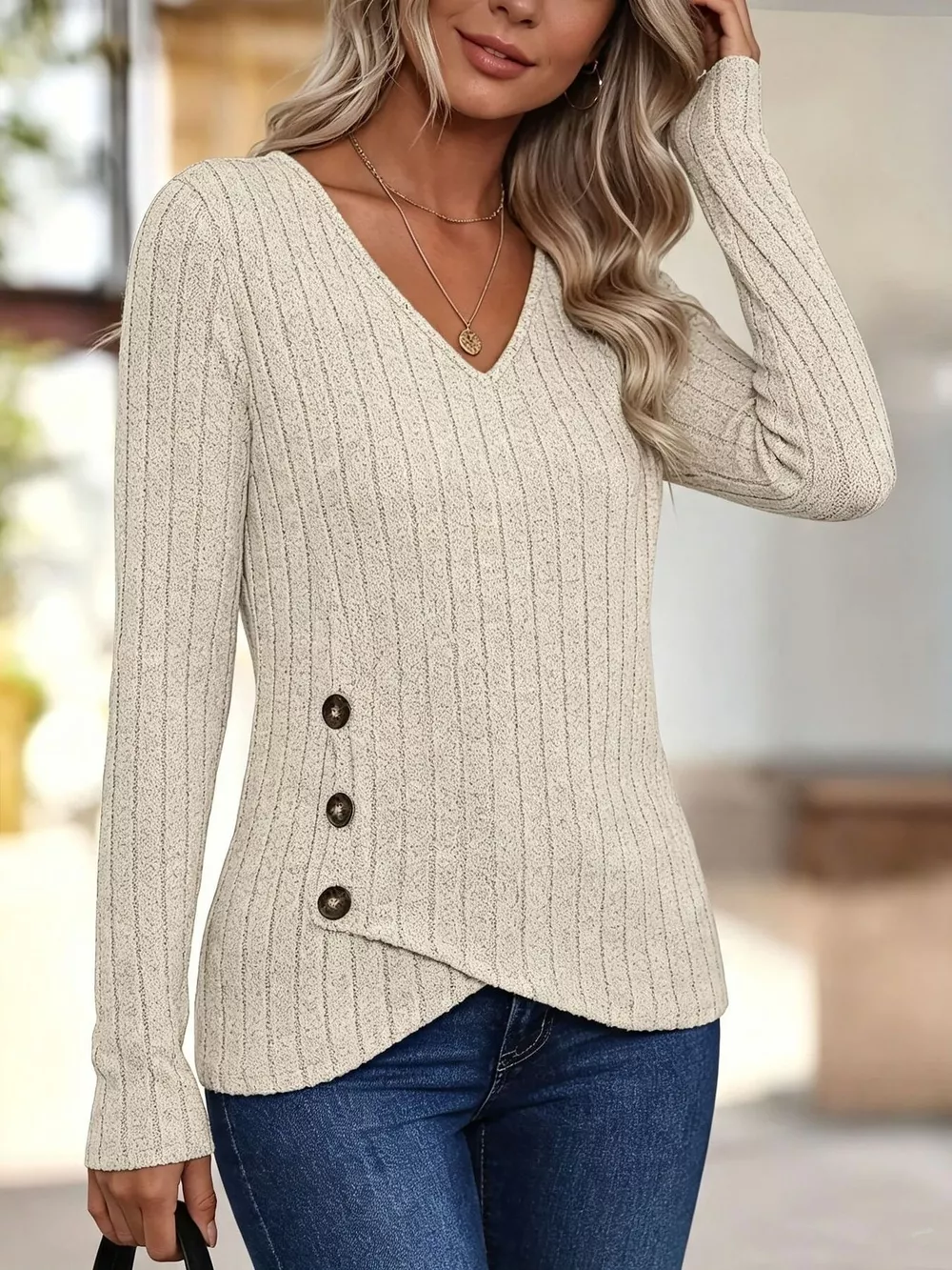 Ribbed Knit V-Neck Long Sleeve T-Shirt, image 3
