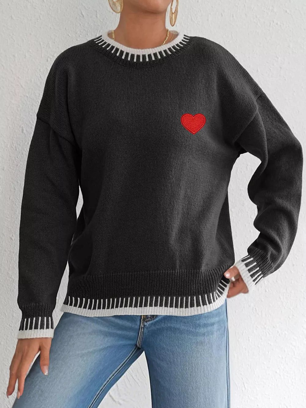 Heart-Embroidered Contrast Trim Sweater, image 8
