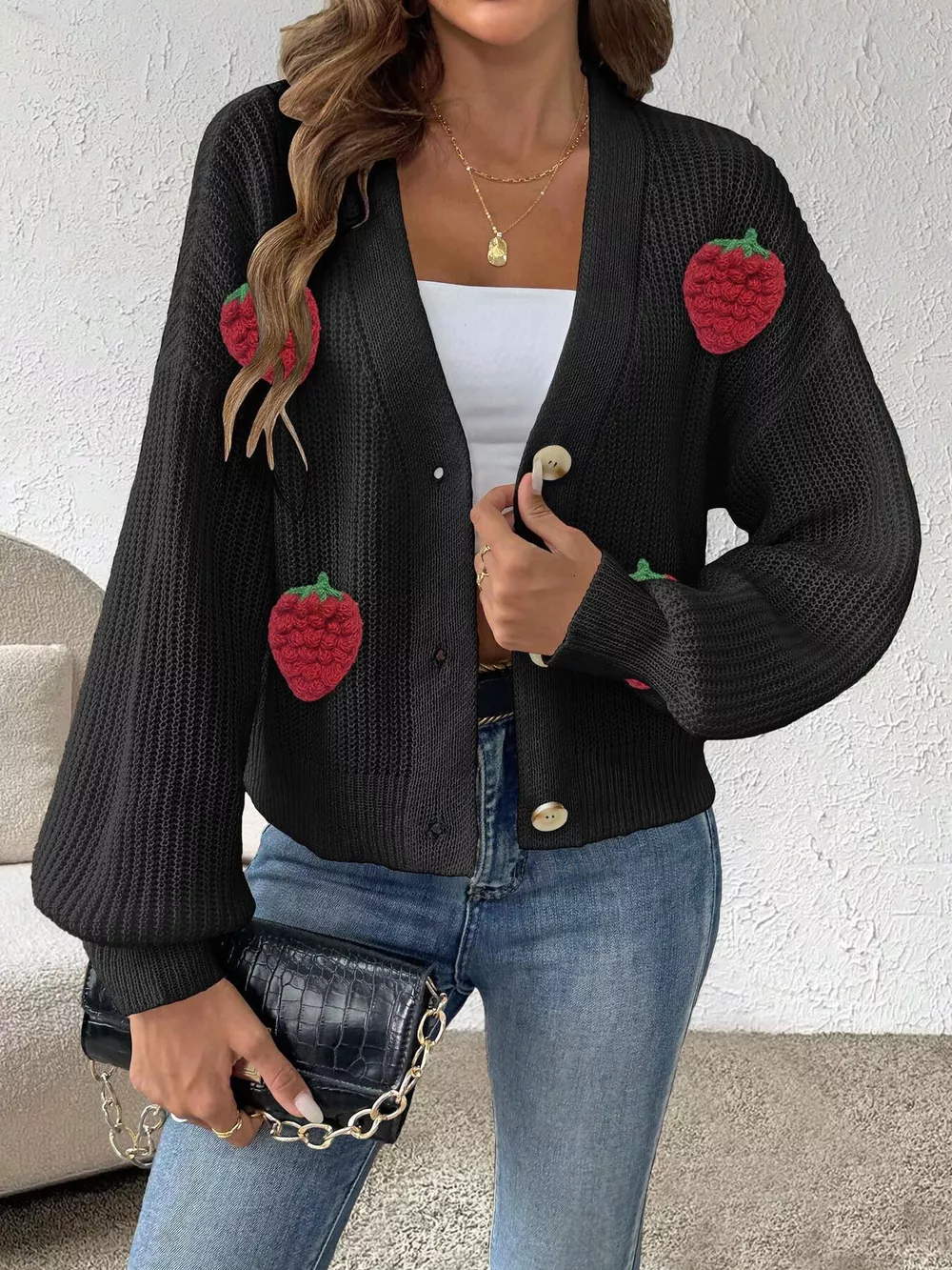 Strawberry Applique Button Up Cardigan