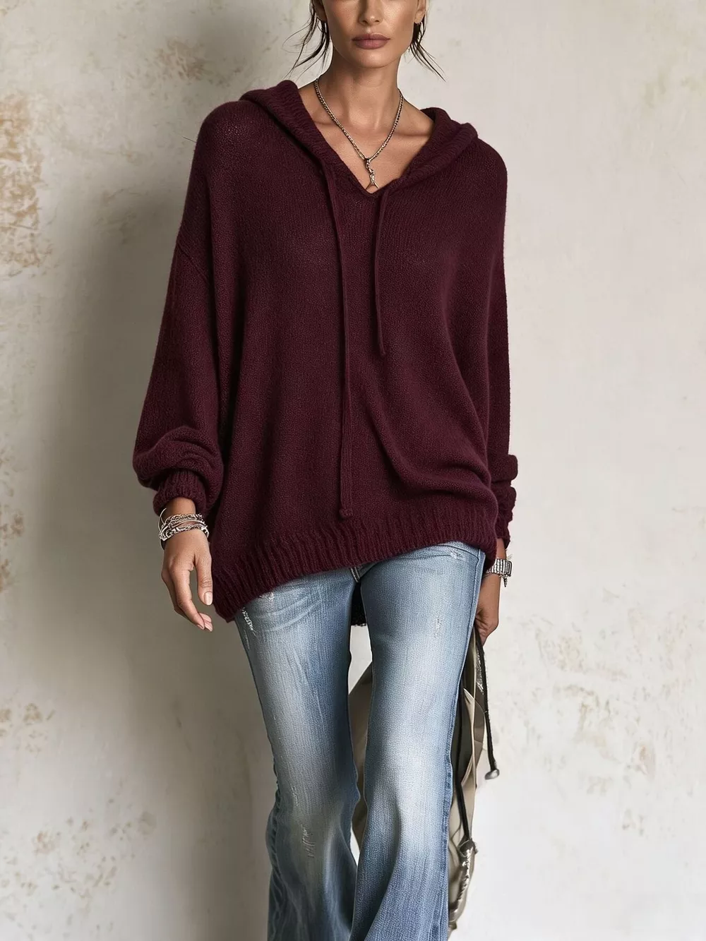 Full Size Drawstring Ribbed Hem Hooded Sweater Plus Size, image 6