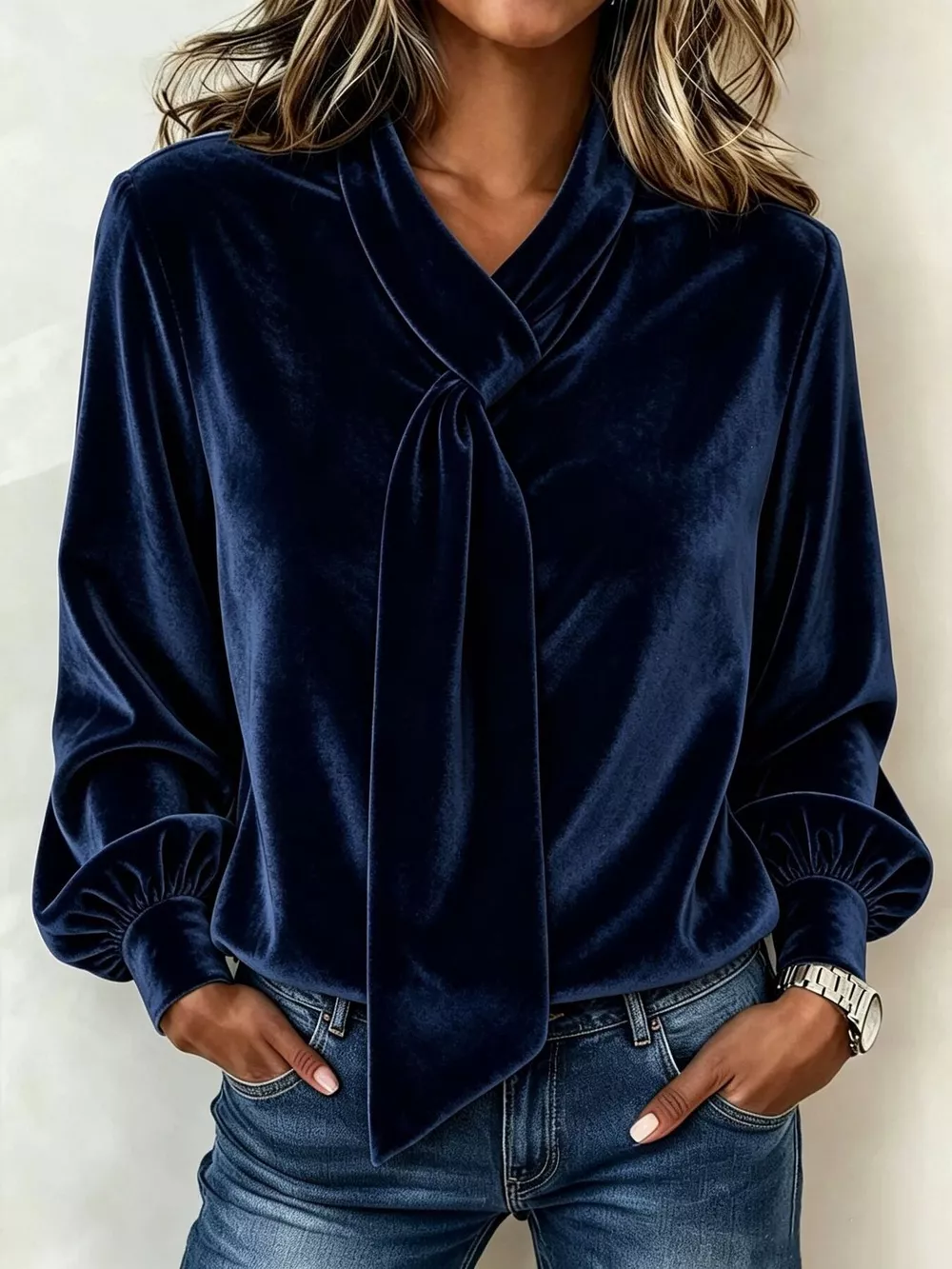 Full Size Velvet Tie-Neck Long Sleeve Top Plus Size, image 9