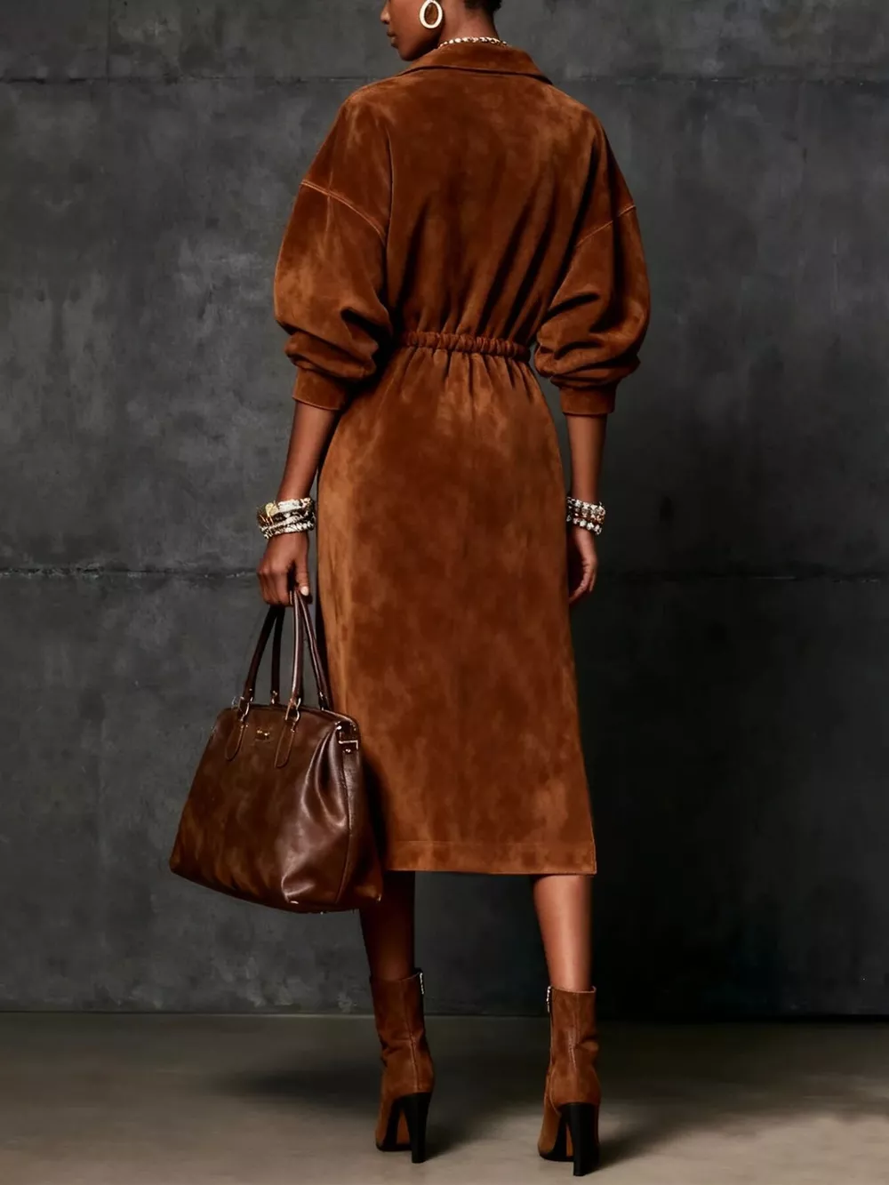 Slit Zip-Front Drawstring Midi Dress, image 4