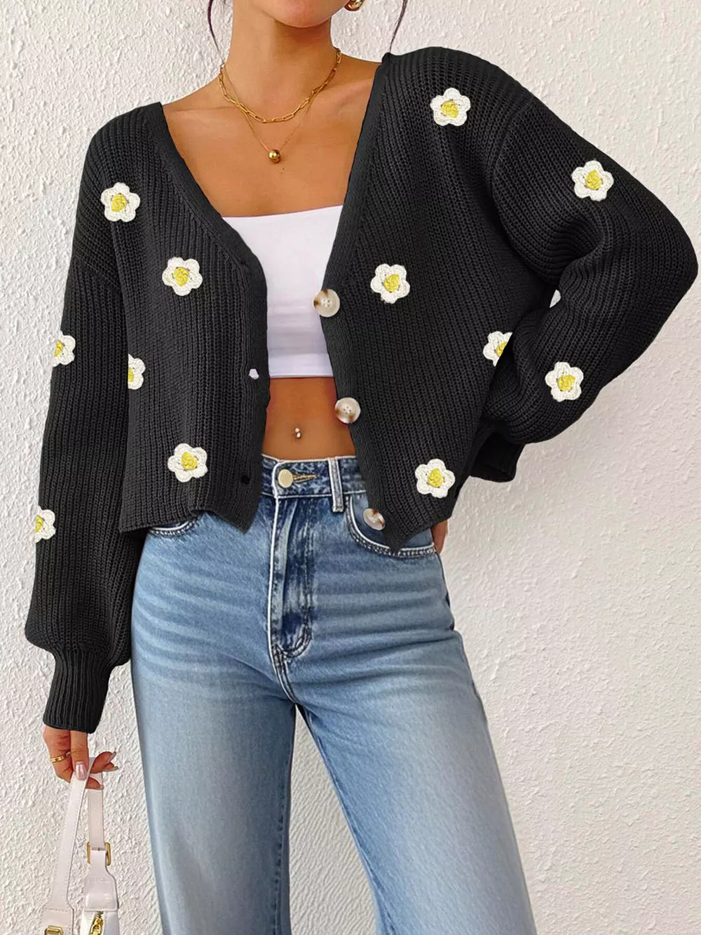 Floral V-Neck Button-Down Cropped Cardigan, image 2