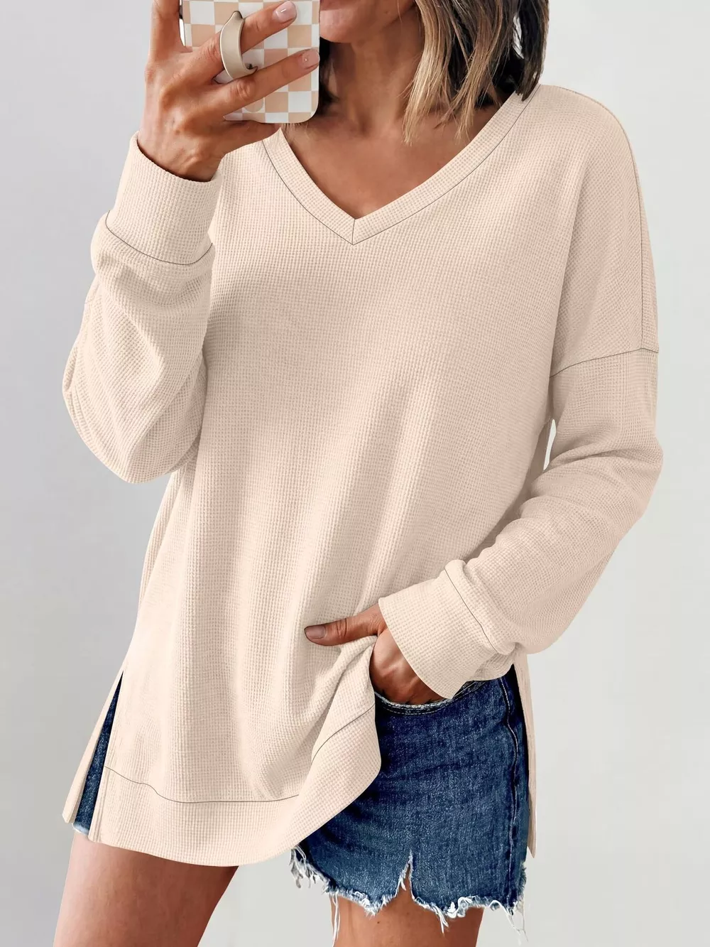 Side Slit Waffle Knit V-Neck T-Shirt, image 4