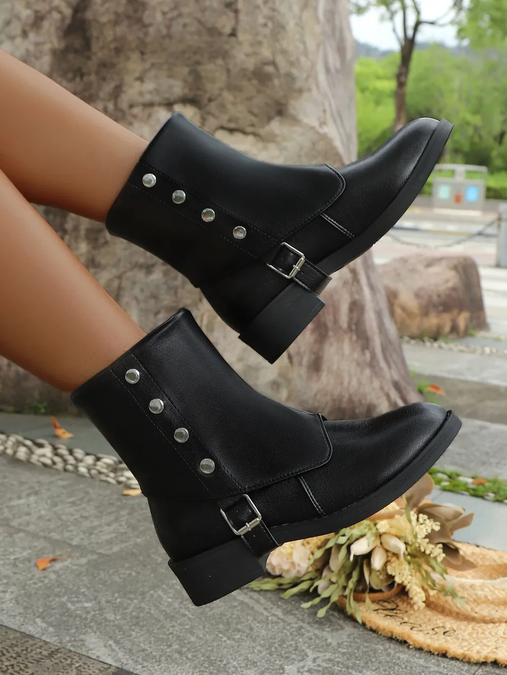 Buckle Block Heels Boots