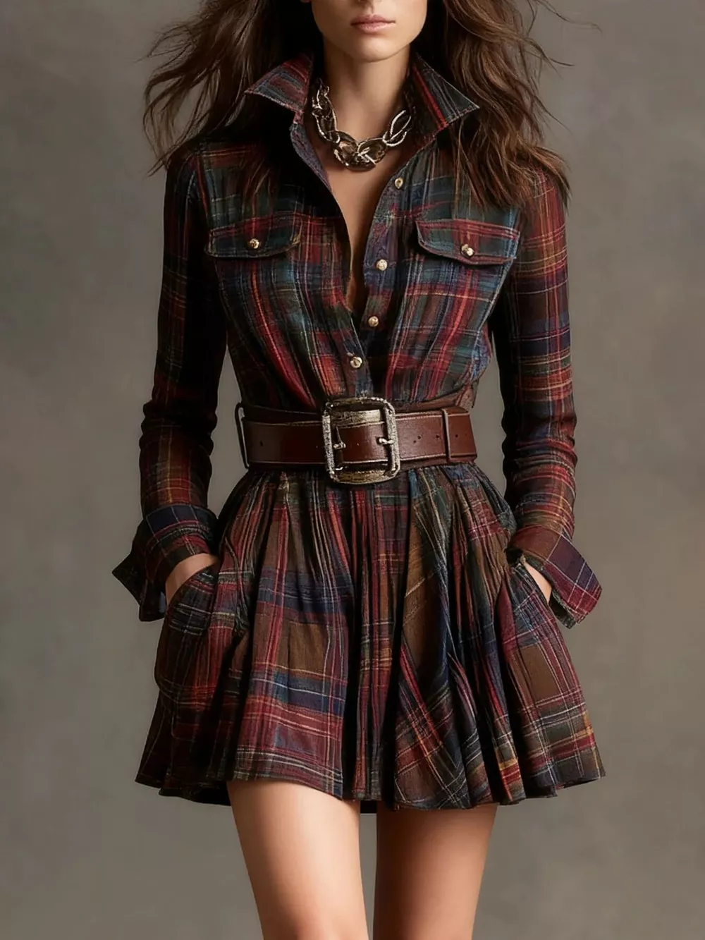 Full Size Plaid Long Sleeve Shirt Dress Plus Size