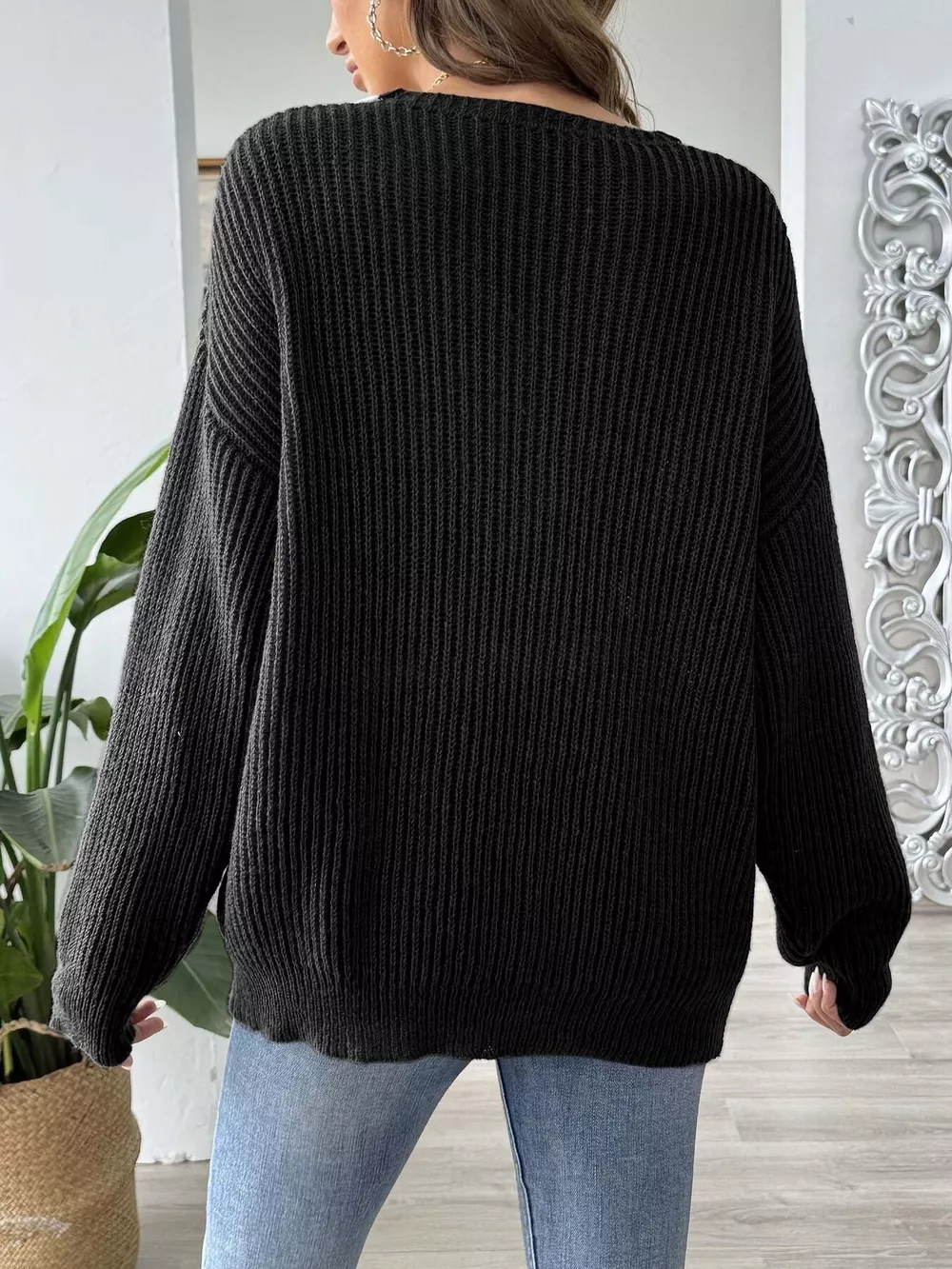 Contrast Trim V-Neck Ribbed Sweater, image 13