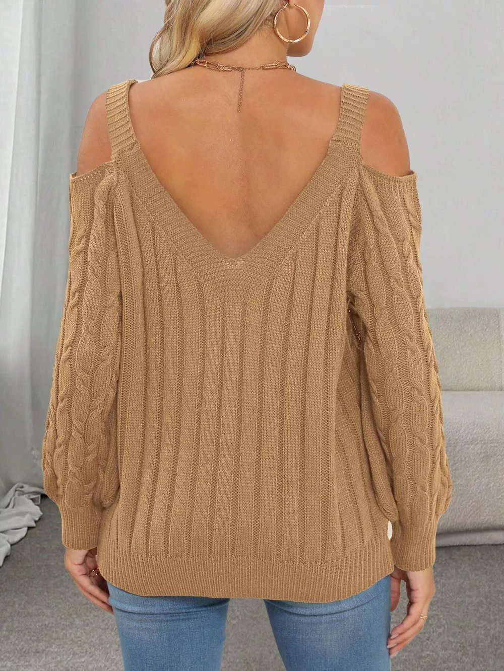 Floral Applique Cold Shoulder Cable Knit Sweater, image 8