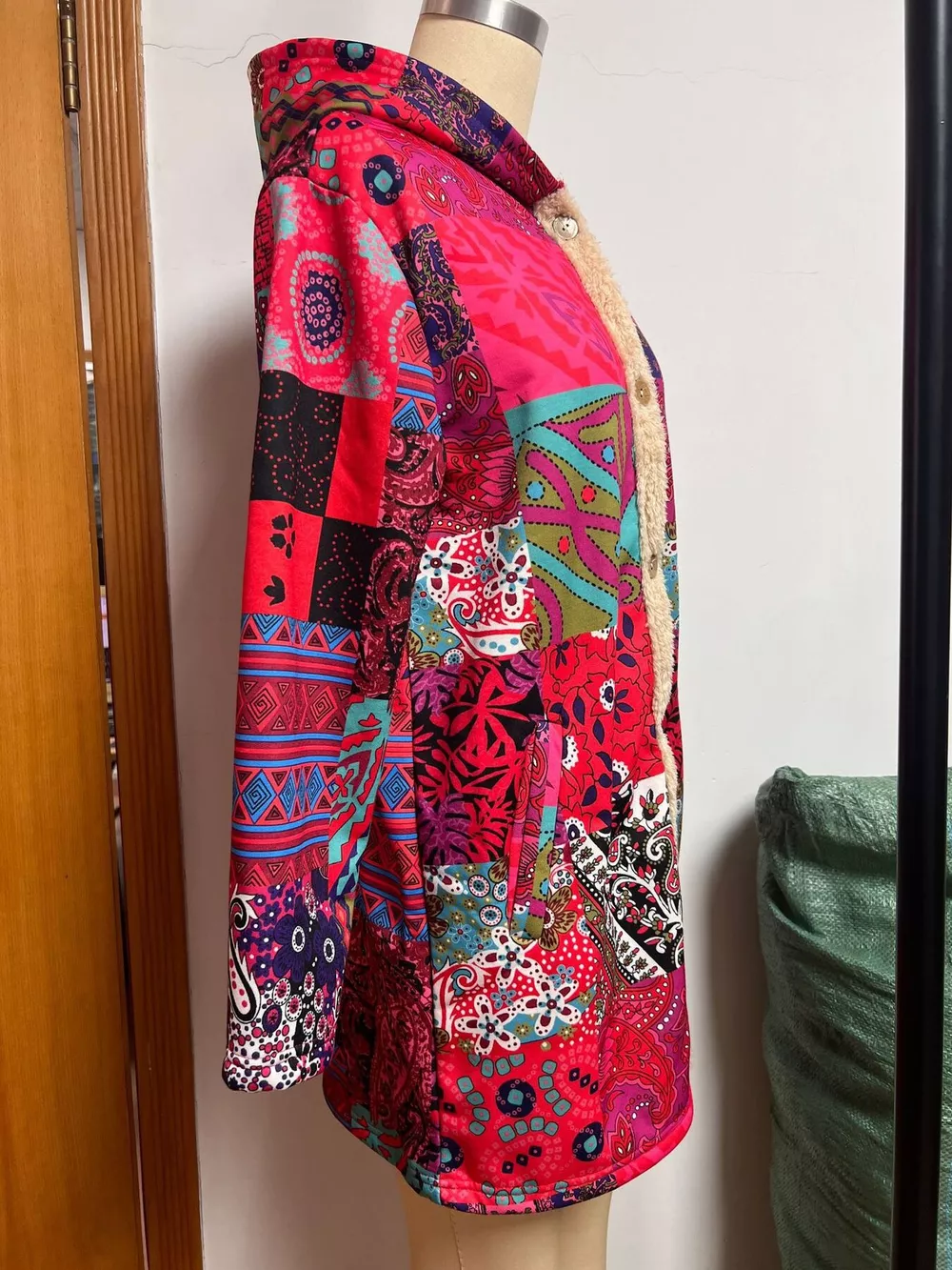 Bohemian Patchwork Fleece Lined Hooded Outerwear, image 3
