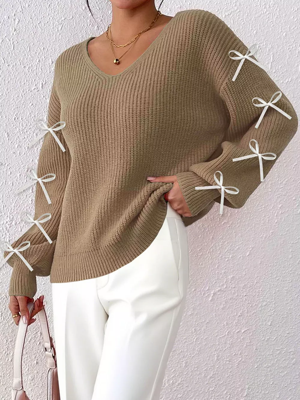 Bow-Tie Sleeve V-Neck Sweater, image 2