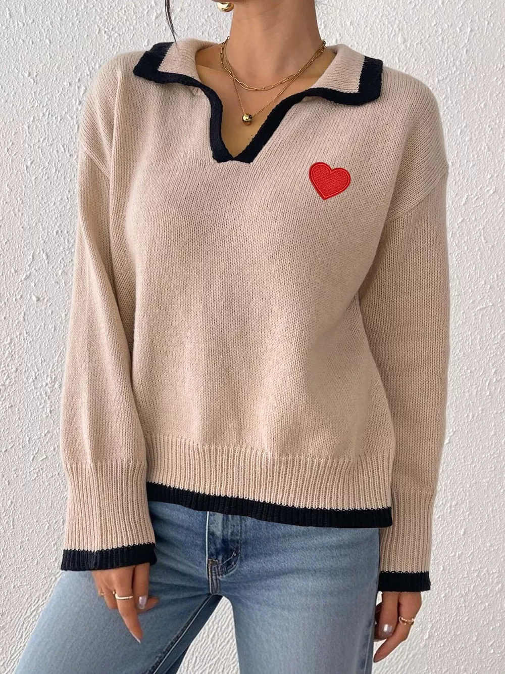Contrast Trim Heart Embroidered Polo Collar Sweater, image 2